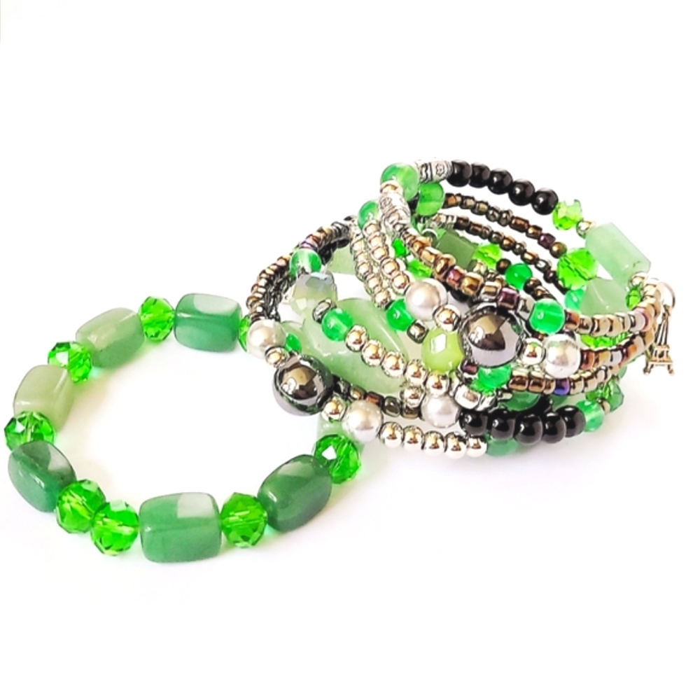 NEW! Beaded Memory Wire Wrap Bracelet w/Charms & Matching Stretch Bracelet